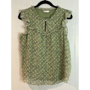 Lauren Conrad Womens Floral Ruffle Sleeveless Blouse L Green Polyester Cotton